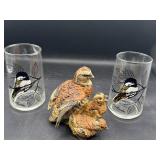 MCM bird figurine, and drinking glasses