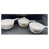 Corning ware, three sauce, pots one lid