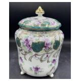 Hand painted porcelain jar with lid 8 inch tall