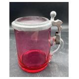 Cranberry art glass small stein w/lid