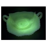 Fenton green uranium handled dish chipped may