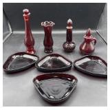 Ruby red glass lot vases/plates