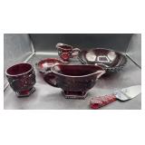 Avon Ruby red Cape Cod creamer, bowl pie server