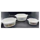 Three corning ware, casseroles, no lids