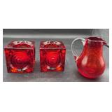 Crackle glass, small pitcher/candleholders