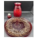 Red glass plate/stones/ vase
