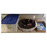 Plastic tote, cat bed, calculator, furniture,