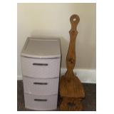Plastic file cabinet/wood stool