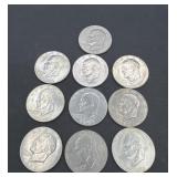 Ten 1970s Eisenhower one dollar coins