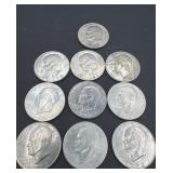 Ten Eisenhower one dollar coins.