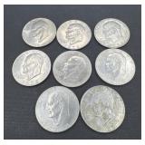 Eight 1970s Eisenhower one dollar coins