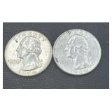 Two 1964 silver Washington quarters