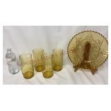 Vintage Amber Glass Tumblers & Serving Plate
