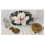 Melamine Magnolia Tray, Brass Pineapple & Warmer
