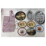 Vintage Fabric Apron & Assorted Metal Trays