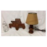 Vintage Pressed Wood Model T Car & Small Lamp