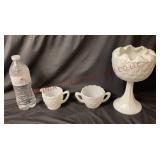 Milk Glass Cube Sugar & Creamer, Pedestal Compote