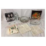 Vtg Candle Holders, Leaf Server, Basket & Napkins