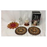 Vintage Woven Rattan Trivets & Hurricane Lamp