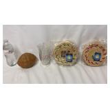 Vtg Walnut Nut Dish, Plastic Vase & Woven Trivets