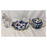 English Flow Blue Bowl & Blue Willow Teapot