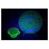 Depression Uranium Glass Cup & Plate - See Desc