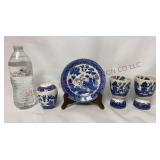 Vtg Blue Willow Shaker, Saucer & Double Egg Cups