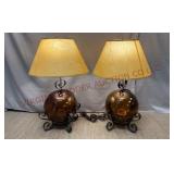 Mid Century Blown Glass Orb & Metal Table Lamps