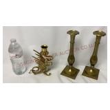 Vintage Brass Griffin & Classic Candlesticks