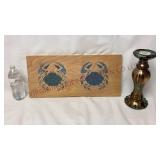 Crab Painted Board Decor & Pillar Candle Holder
