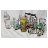 Mid Century Glasses / Tumblers w Metal Caddy