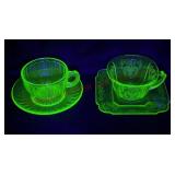 Uranium Glass Cups & Saucers - See Desc - Glows!