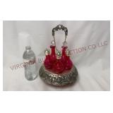 Vintage Cranberry Glass Cruet Set w Stand