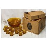 Tiara Amber Sandwich Glass Punch Set w/ Box