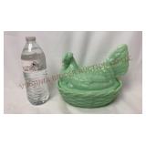 Large Jadeite Green Glass Hen on Nest - Split Tail