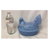 Large Blue Glass Hen on Nest - Split Tail