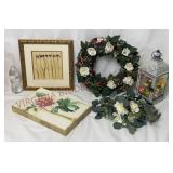 Wall Art, Wreath, Silk Flowers & Lighted Lantern