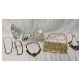 Assorted Jewelry, Glass Tray & Clutch Handbag