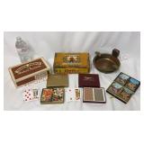 Brass Ashtray w Match Holder, Cigar Boxes & Cards