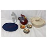 Rooster Teapot, Dipping Bowls, Tray & Corningware