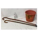 Vintage Peacock Basket & Walking Sticks / Canes