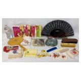 Vtg Vanity - Hair Nets, Hankys, Fan, Brushes, More