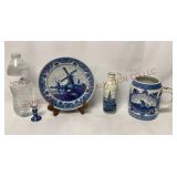 Vintage Delft Blue Candlestick, Plate, Cruet & Mug