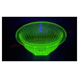 Ribbed Green Uranium Glass 6" Mixing Bowl - Glows!