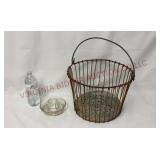 Glass Chicken Waterer & Wire Egg Basket