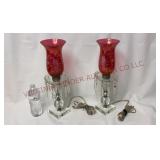 Cranberry Glass Luster Lamps w Hanging Prisms