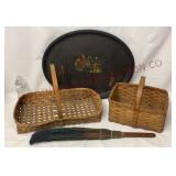 Hearth Broom, Baskets & Large Metal Tray