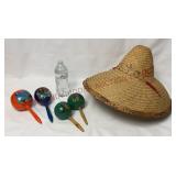 Vintage Mexican Gourd Maracas & Fiesta Hat