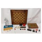 Vintage Wooden Chess Checker Board & Game Pieces
