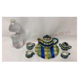 Miniature Plaid Tea Set w Tray - Porcelain China